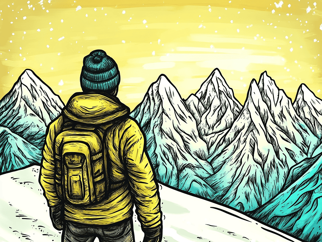 Illustration of backview of a man wearing a yellow jacket and backpack skiing off-piste on a snow hill staring at the view of snow-capped mountain range