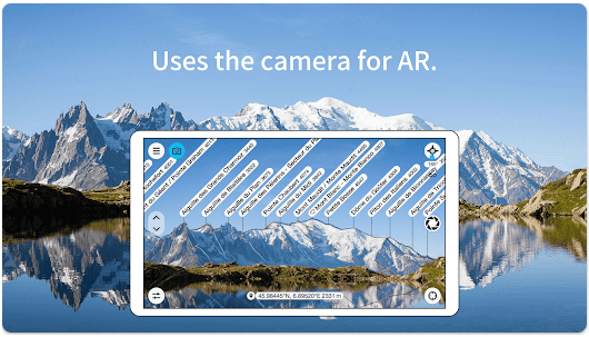 PeakFinder app screen with mountains