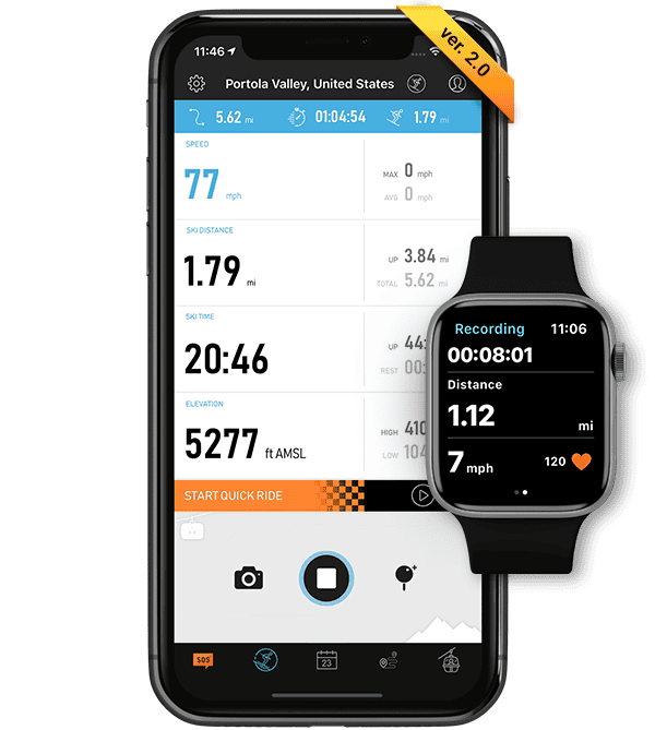 SkiPal App on iphone screen with a smart watch